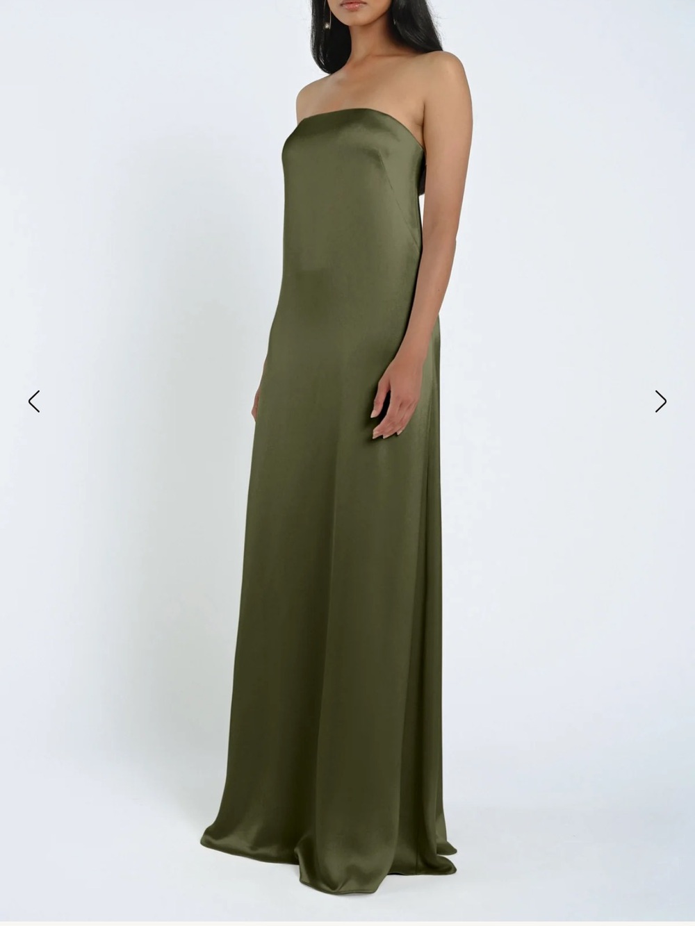Brand New Jenny Yoo Strapless Olive Satin Column Gown